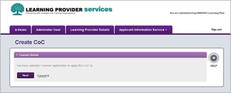 An image of the create coc page with one learner selected to apply the coc to.