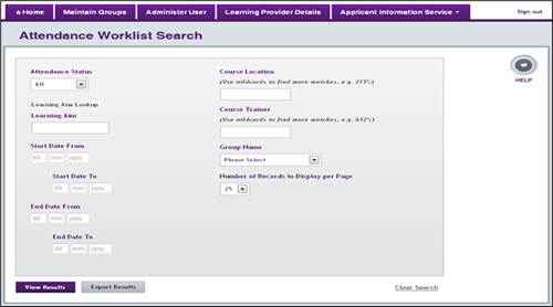 An image of the attendance worklist search page.
