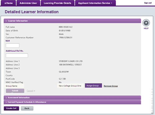 An image of the learner information tab open in the detailed learner information page, the assign group button is at the bottom right of the section.