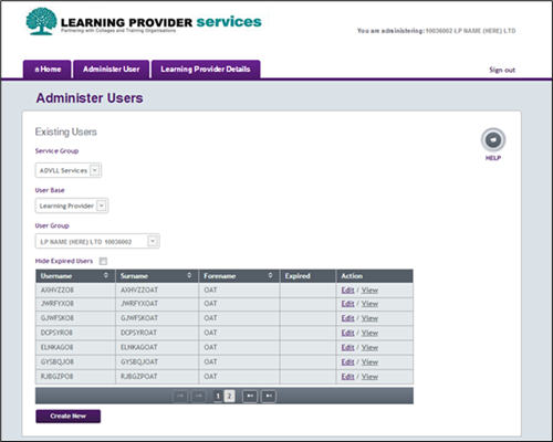 An image of the Administer users page in the LP Portal.