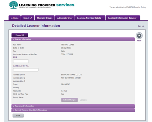 An image of the Detailed Learner Information page in the LP Portal.