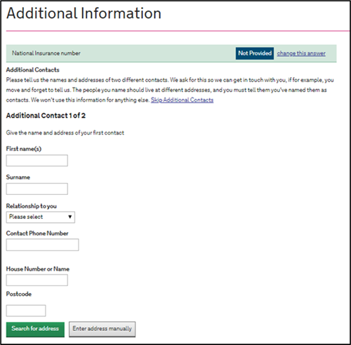 An image of the SFE ALL application page requesting further information from the learner, with fields for them to enter a contact's details.