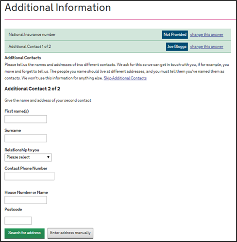 An image of the SFE ALL application page with fields for the learner to enter details of a second additional contact.