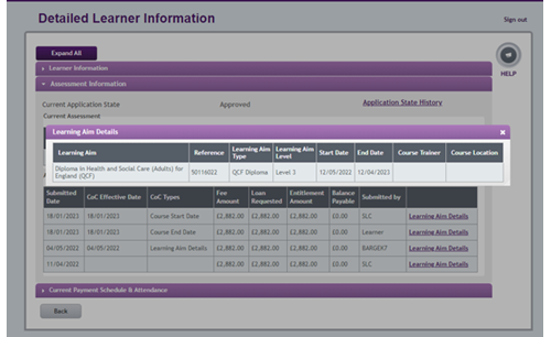 An image of the Learning Aim details popup open in the Detailed Learner Information page in the LP Portal.