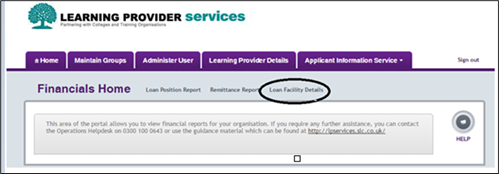 An image of the Financials Home page with the Loan Facility Details menu highlighted with a black circle.