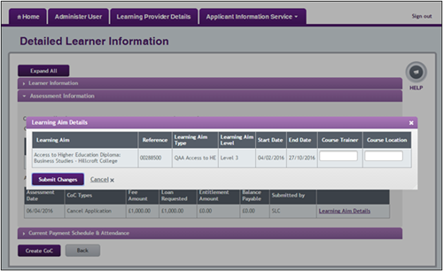 An image of the Learning Aima Details pop up open on the Deatiled Learner Information page in the LP Portal.