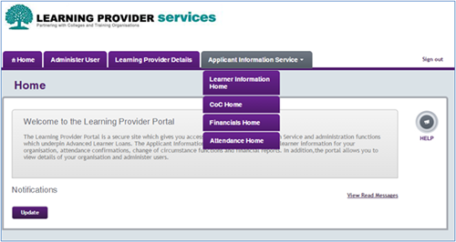 An image of the Learning Portal Homepage with the Application Information Service dropdown menu open showing the Learner Information Home menu option.