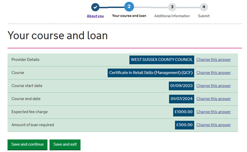 Your course and loan page listing provider and course details with links to change these answers.