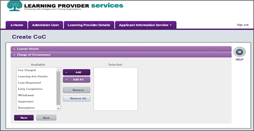 An image of the list of available CoCs you can create for the learner on the LP Portal.