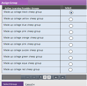 An image of the assign group popup, with the group name on the left and the assign radio button on the right.