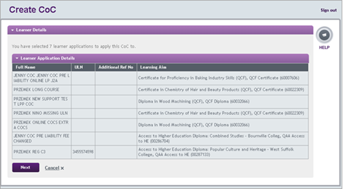 An image of the LP Portal showing the create CoC page with the learner application details tab open.