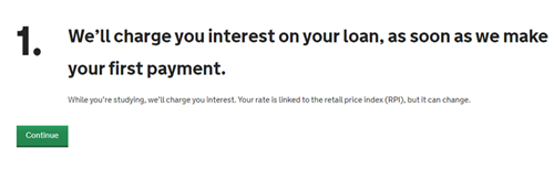 An image form the SFE ALL application page, the number 1 with the message 'we'll charge you interest on your loan, as soon as we make your first payment to you.' and a green continue button.