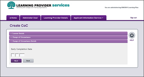 An image of the create coc page in the lp portal, highlighting the coc details for early completion coc.