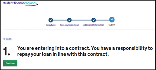 An image of the SFE ALL application stating the first term - You are entering into a contract. You have responsibility to repay your loan in line with this contract.