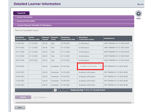 An image of the payment schedule and attendance tab open in the learner detailed information page with the attendance confirmation status highlighted in red.