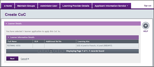 An image of the Create CoC page on the LP Portal.