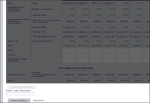 An image of the export report button in the payment instalment report page.
