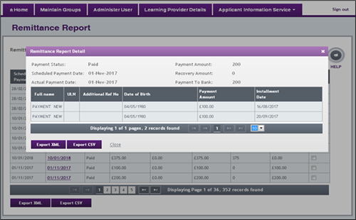 An image of the remittance report detail tab open in the remittance report summary page.