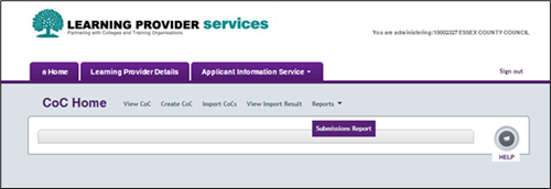An image of the coc home page highlighting the submissions reports menu option.