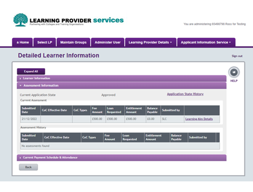 An image of the Detailed Learner Information page in the LP Portal, with the Assessment Information tab open.