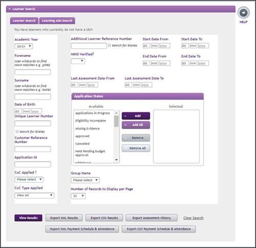 An image of the Learner Search page in the LP Portal.